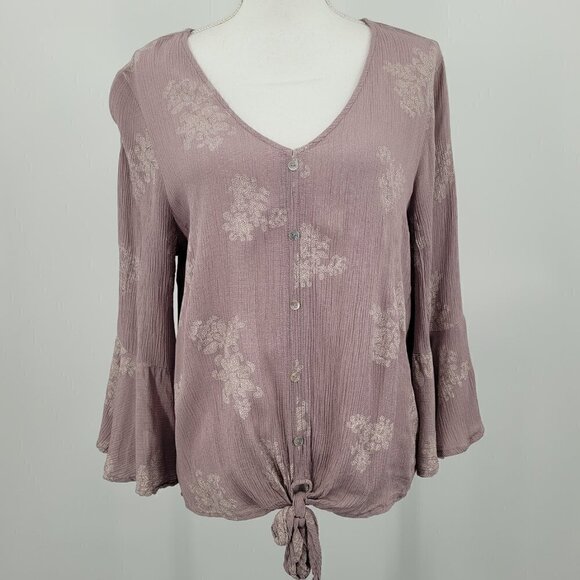 Mossimo Lavender Paisley Flutter-Sleeve Tie Front Top - Picture 1 of 8